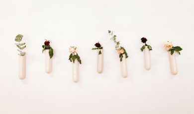 Minimalist floral arrangement on a wall with vases, featuring roses and foliage.